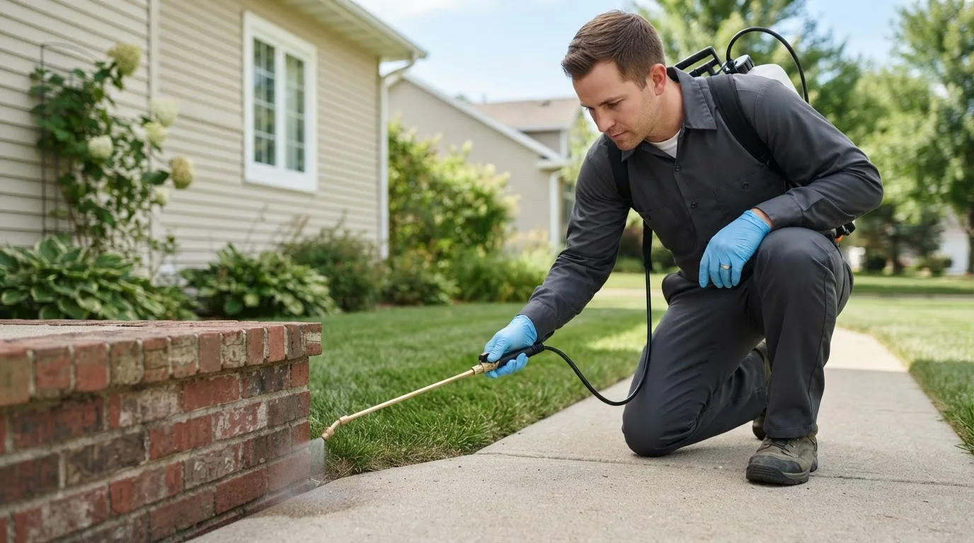 Pest control technician treating a home near Belvidere Center, VT