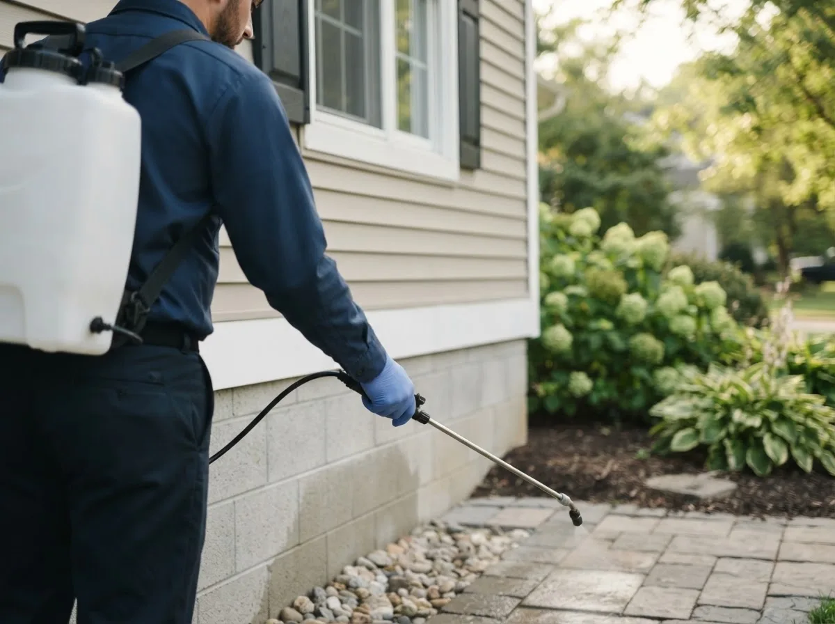 Pest control technician inspecting a home in Belvidere Center, VT